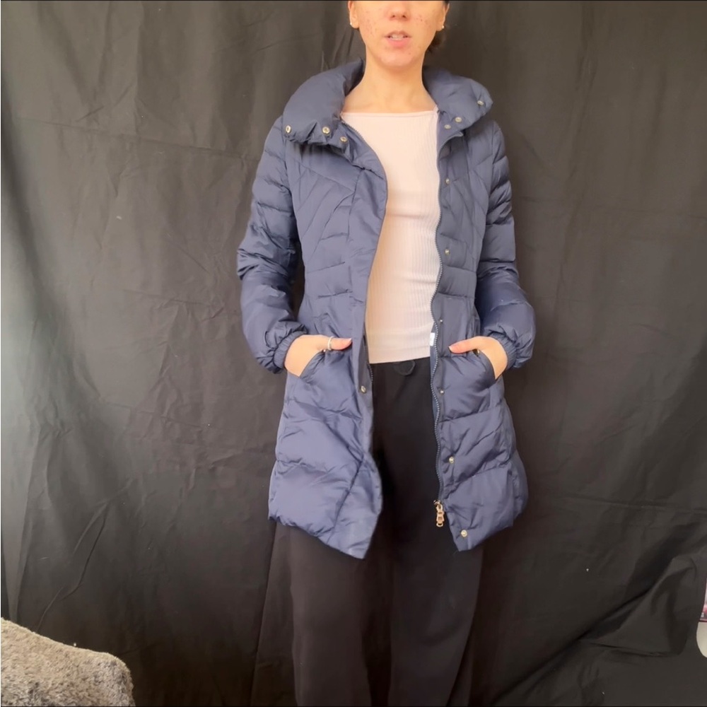 Patrizia Pepe Blue Puffer Mid-Length Winter Jacket with zipper and clip buttons
